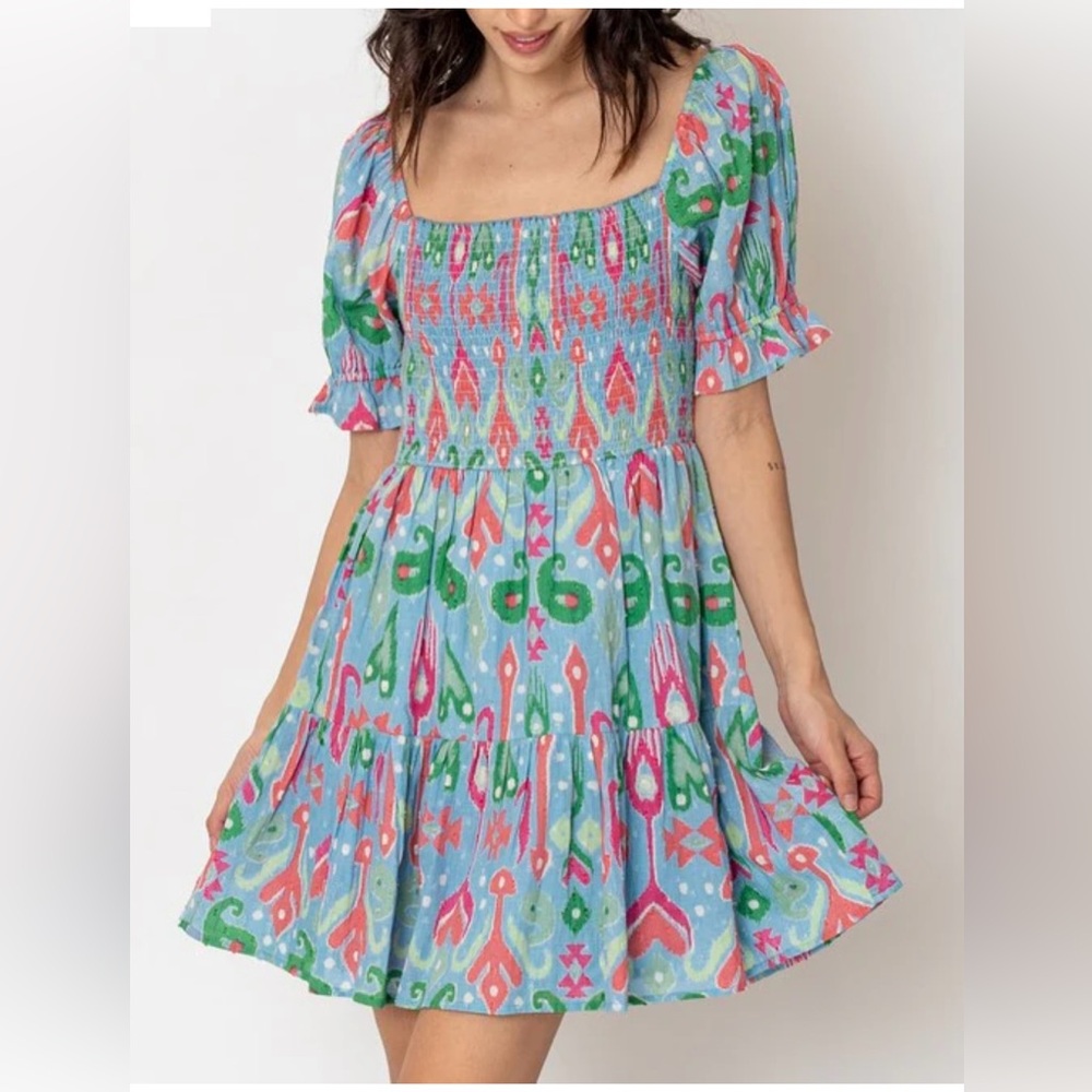 En Creme Blue and Green Patterned Mini Dress